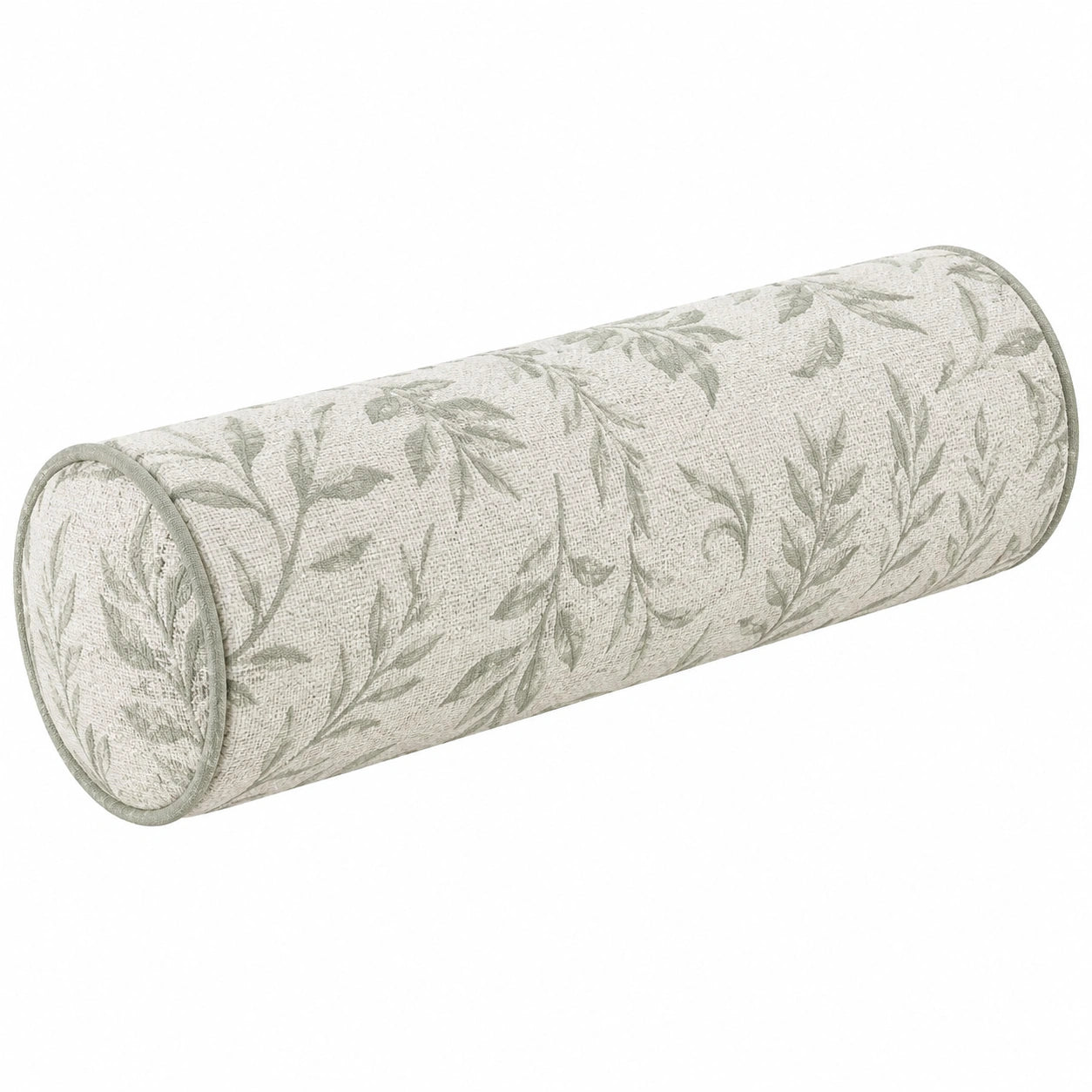 Cuscino cilindrico 15 x 45 cm in tessuto beige e verde con motivo botanico decorativo