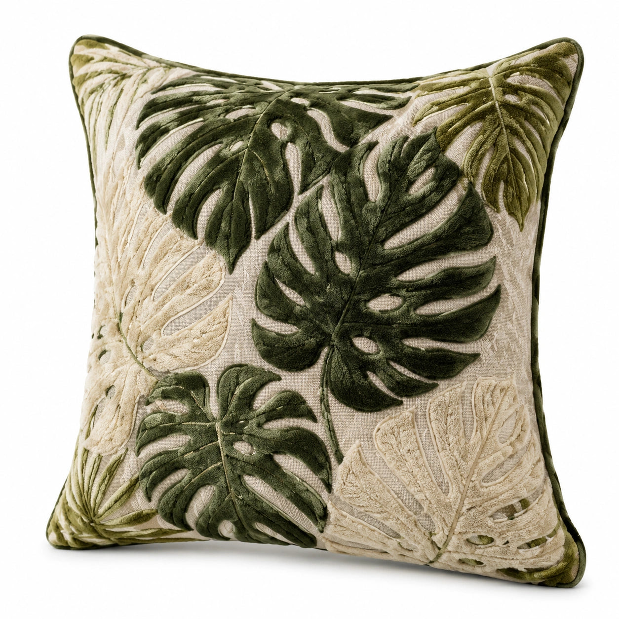 Cuscino decorativo 45 x 45 cm in tessuto beige e verde con foglie in rilievo stile botanico