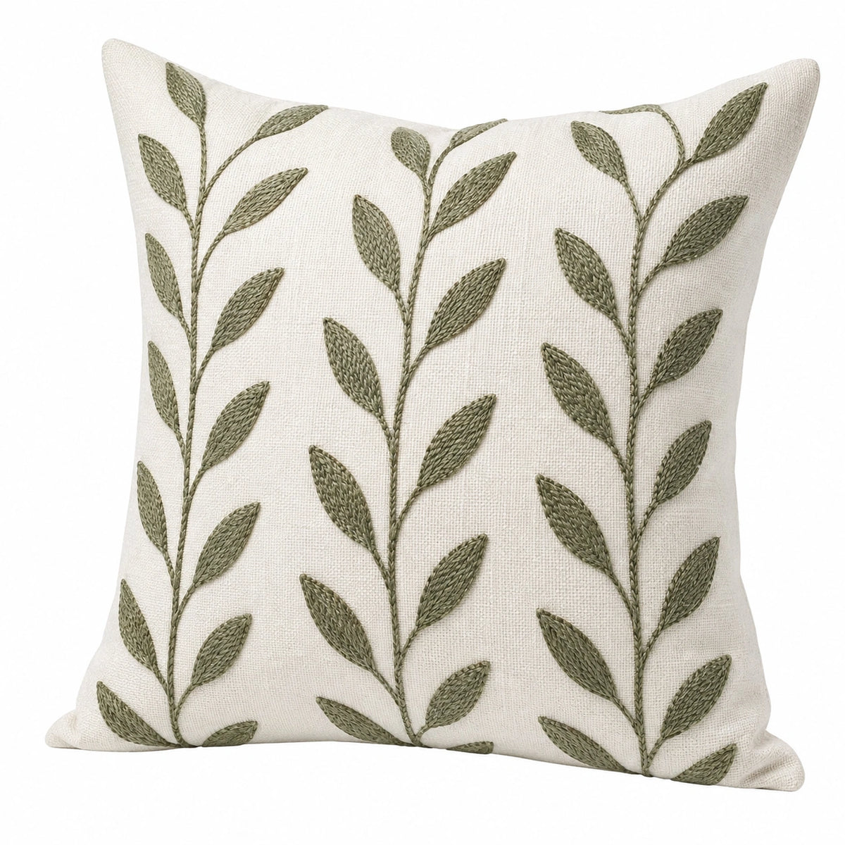 Cuscino decorativo quadrato 45 x 45 cm in tessuto beige e verde con ricamo foglie