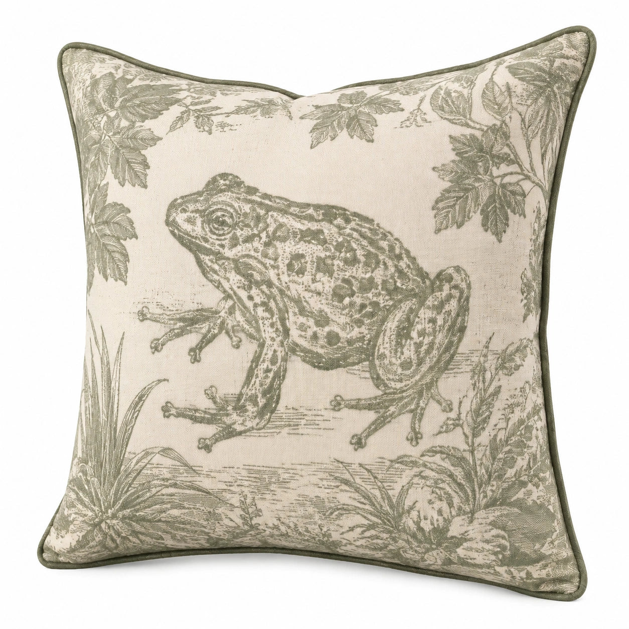 Cuscino decorativo 45 x 45 cm in tessuto beige e verde con stampa rana stile botanico
