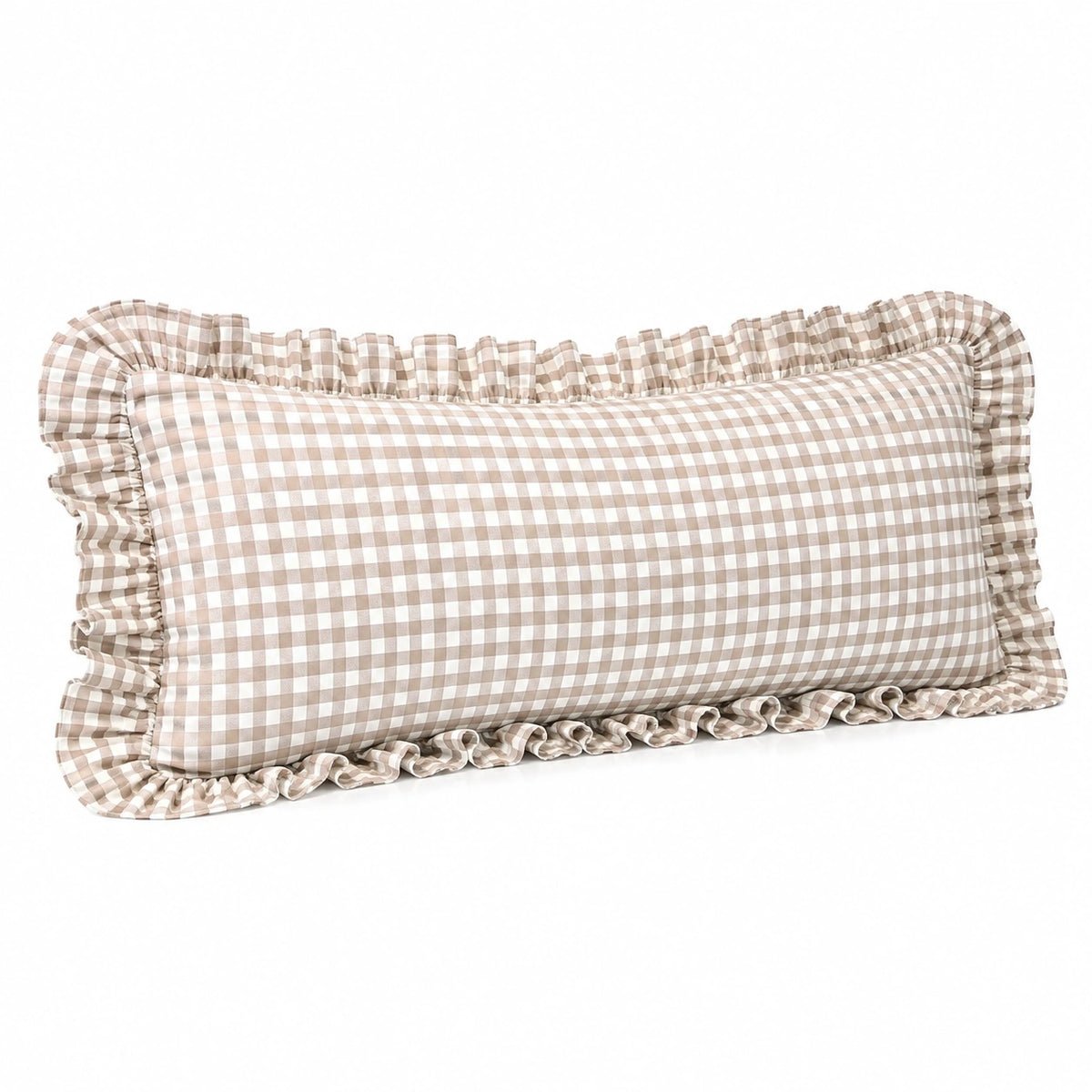 Cuscino decorativo 50 x 30 cm in tessuto beige e bianco con volant stile country