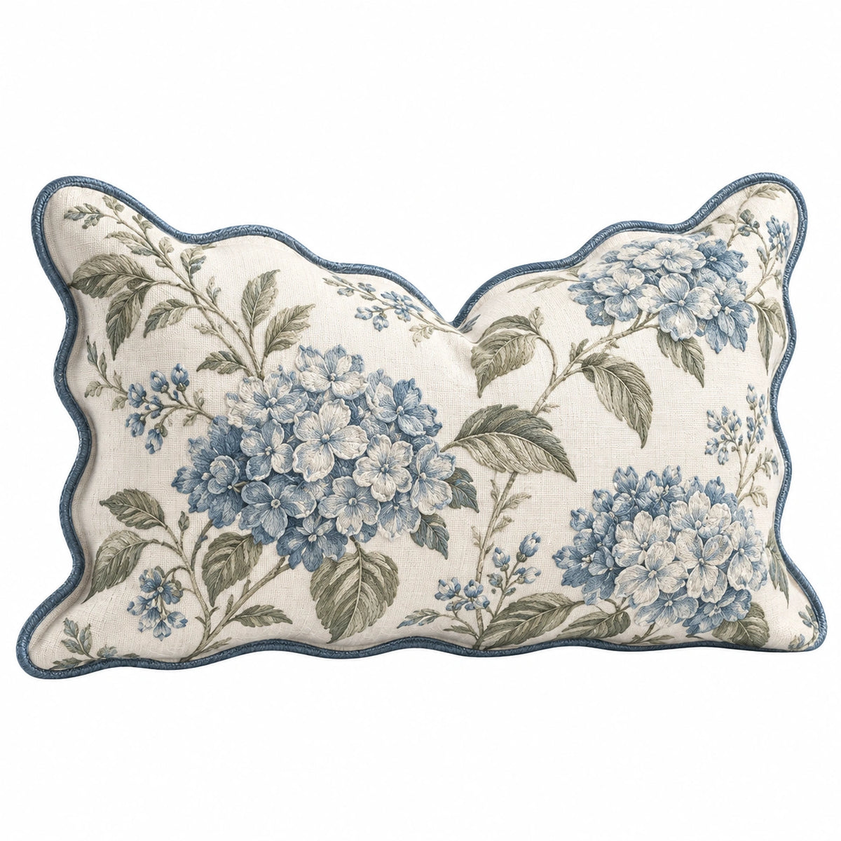 Cuscino decorativo 50 x 30 cm in tessuto beige con motivo floreale blu e bordo ondulato